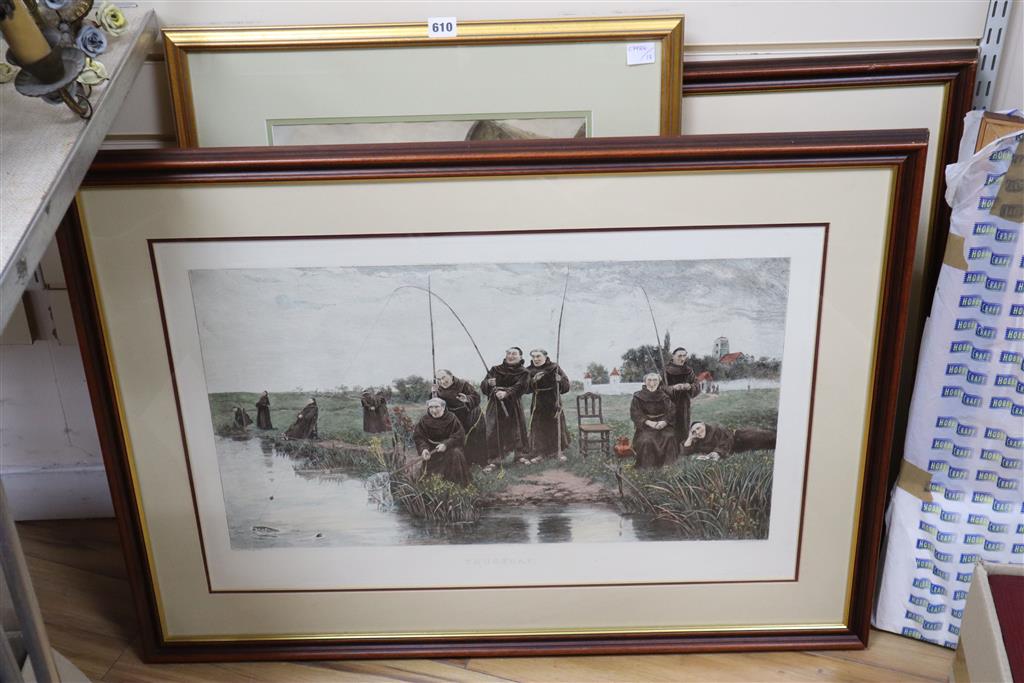 After Walter Dendy Sadler, two of coloured lithographs, Thursday and Friday, 46 x 71cm and various watercolours and prints (9)